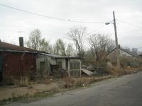 Half collapsed building with overgrown yard